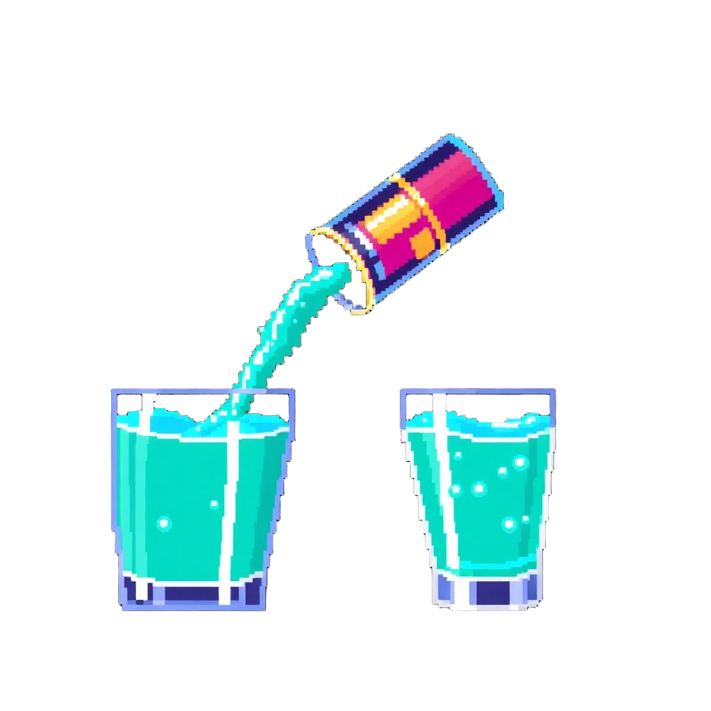 8-bit bottle pouring cyan liquid into a pixel glass
